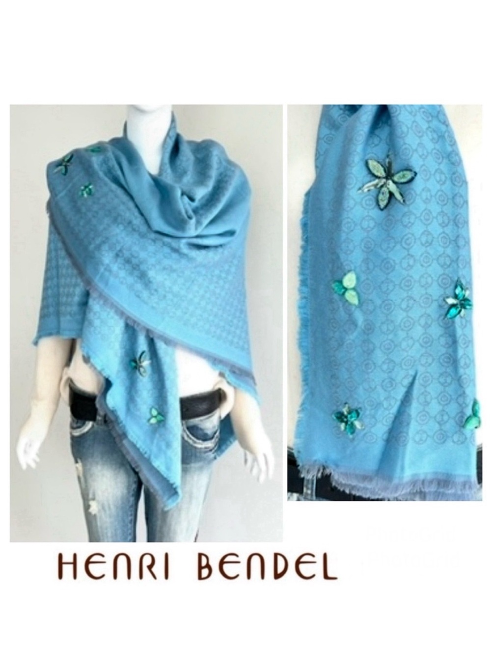 HENRI BENDEL Monogram Sequins 100% Silk Turquoise Blue X Long Wrap Shawl Scarf